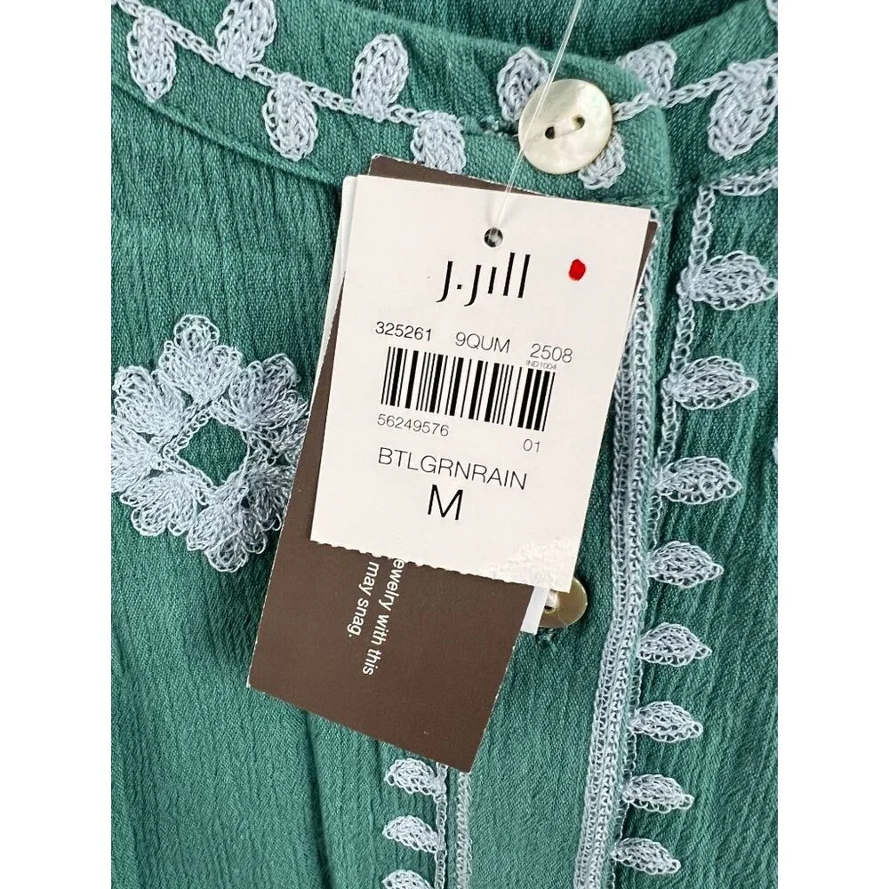 J. Jill Contrast-Embroidered Peasant Top A-Line Green Size M NWT - Picture 7 of 11